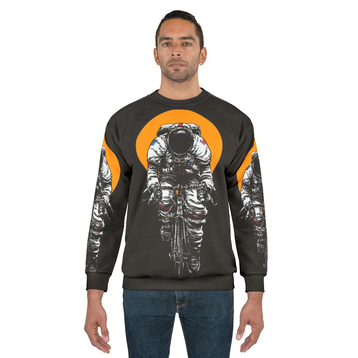 Astronaut cycling in space on a bicycle wearing a sweatshirt