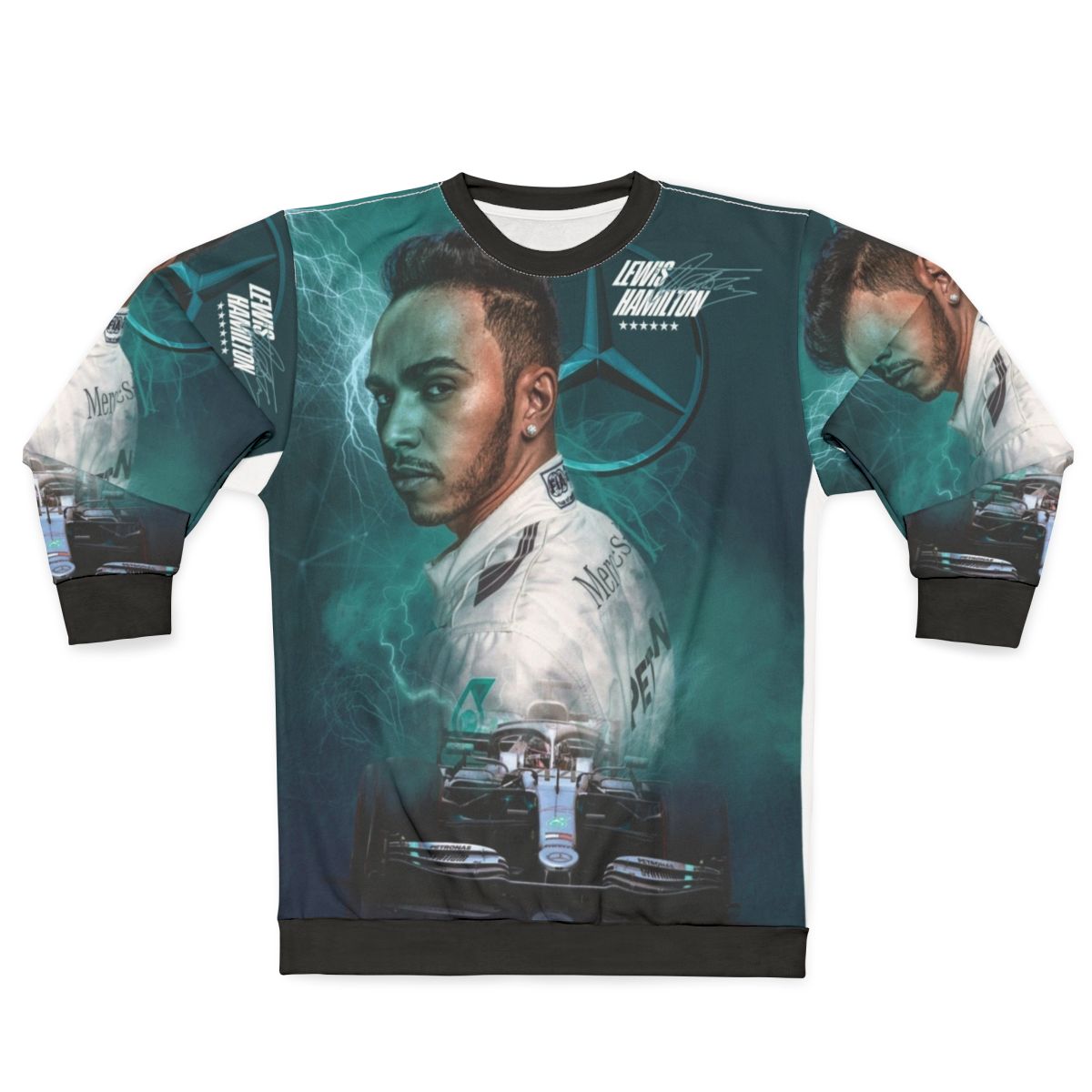 Lewis Hamilton in Mercedes AMG Formula 1 car wearing a world champion sweatshirt