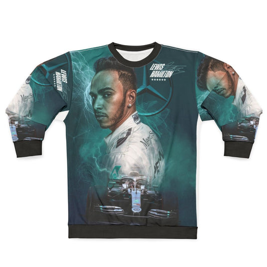 Lewis Hamilton in Mercedes AMG Formula 1 car wearing a world champion sweatshirt