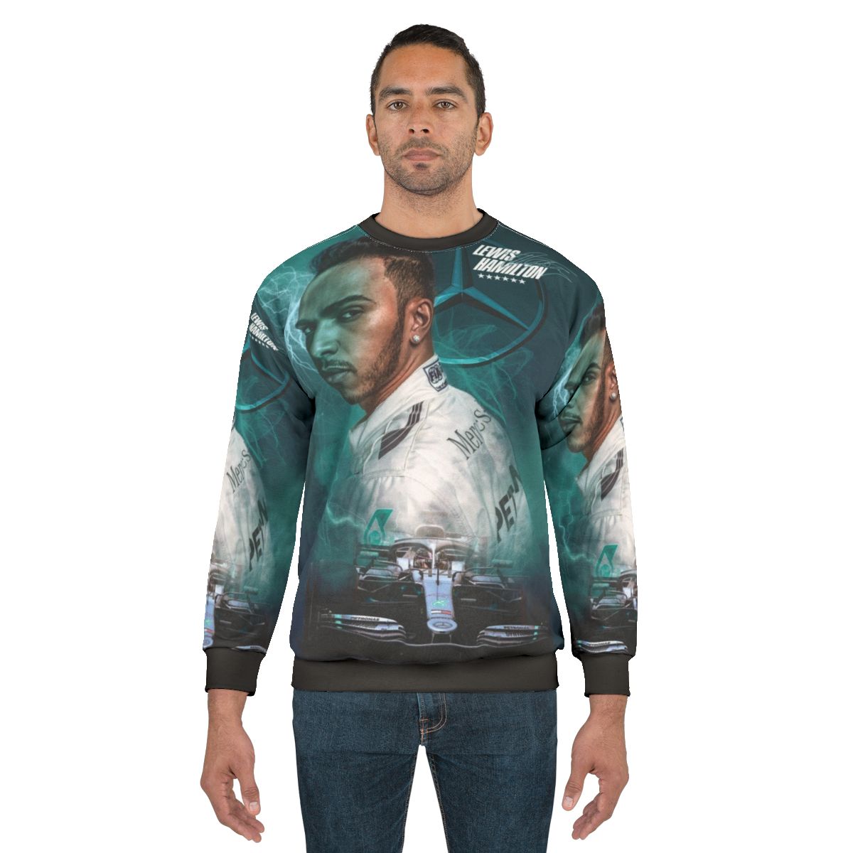Lewis Hamilton in Mercedes AMG Formula 1 car wearing a world champion sweatshirt