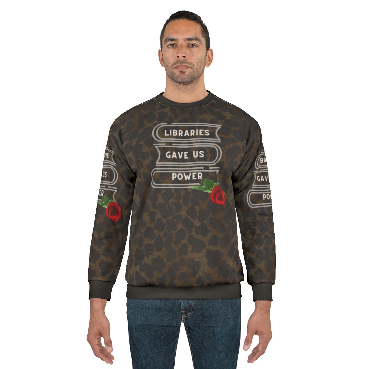 Vintage style sweatshirt featuring a "Libraries Gave Us Power" design with leopard print, roses, and nineties indie music elements