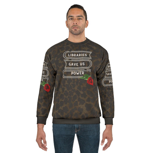 Vintage style sweatshirt featuring a "Libraries Gave Us Power" design with leopard print, roses, and nineties indie music elements