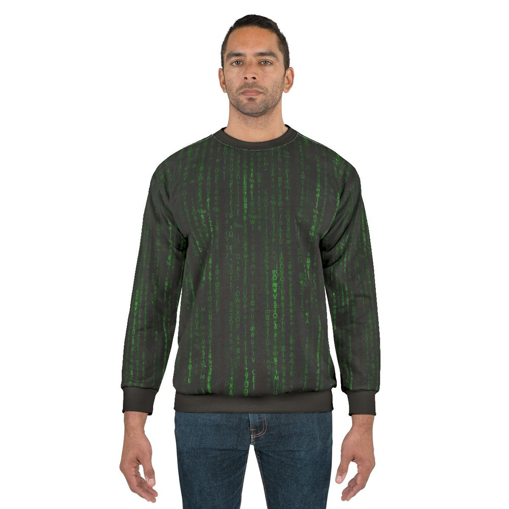 Matrix-inspired sweatshirt with digital code pattern