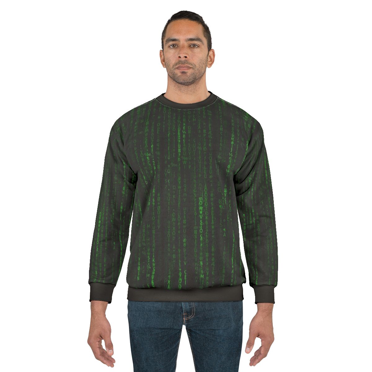Matrix-inspired sweatshirt with digital code pattern