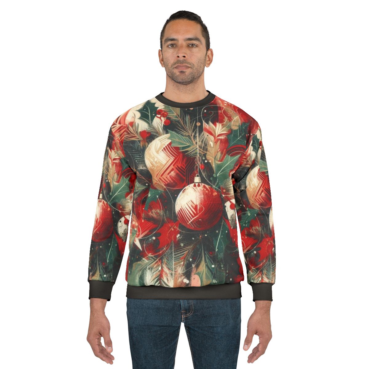 Festive Christmas sweater featuring home decor elements