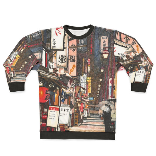 Cozy lights in the snow sweatshirt featuring a winter scene with snowy cityscape and red accents