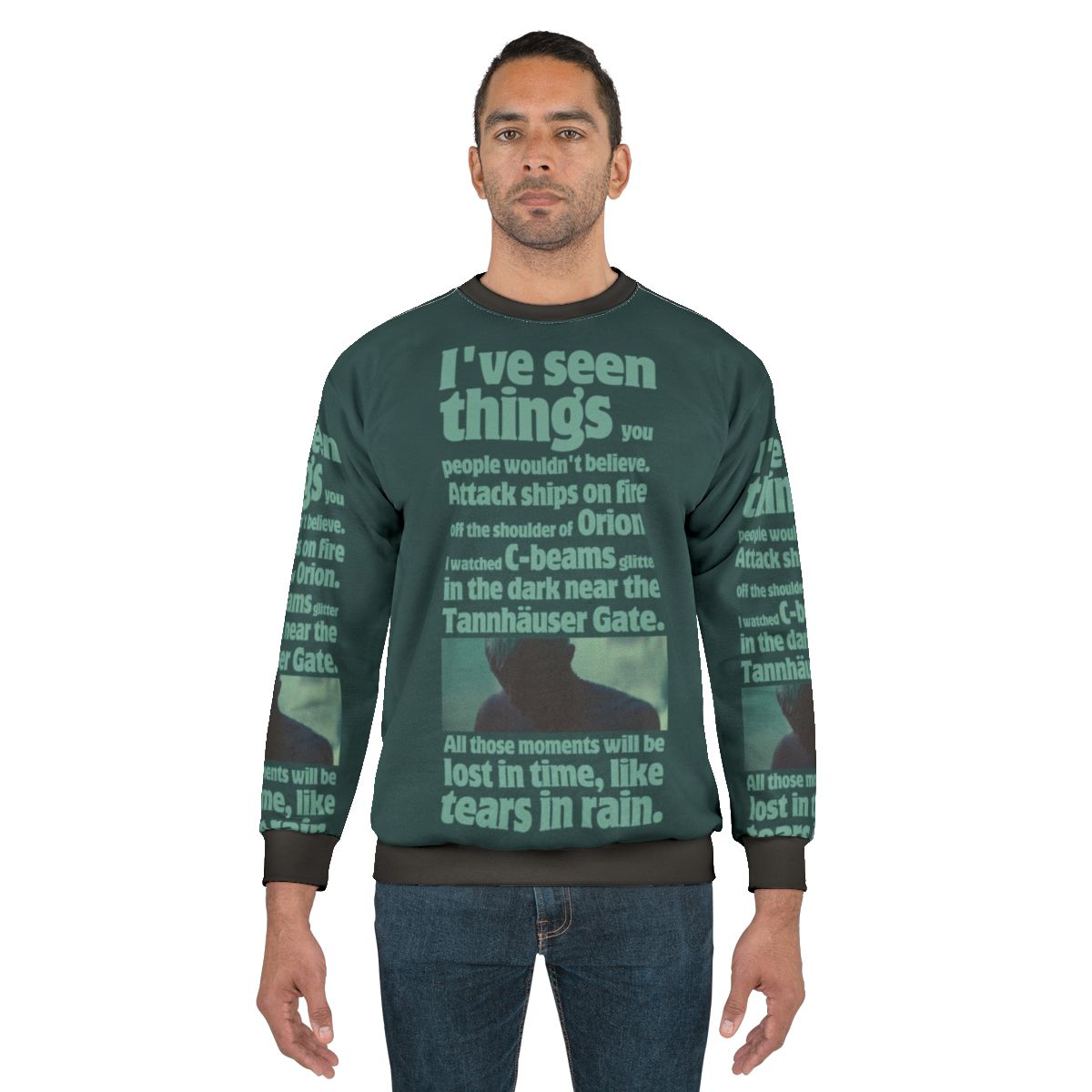 Blade Runner quote "Like Tears in Rain" printed on a grey sweatshirt
