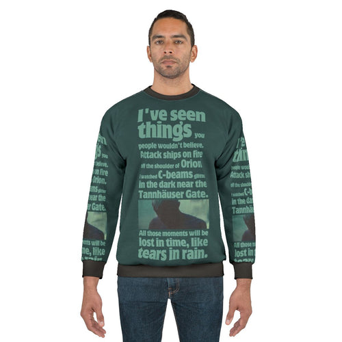 Blade Runner quote "Like Tears in Rain" printed on a grey sweatshirt