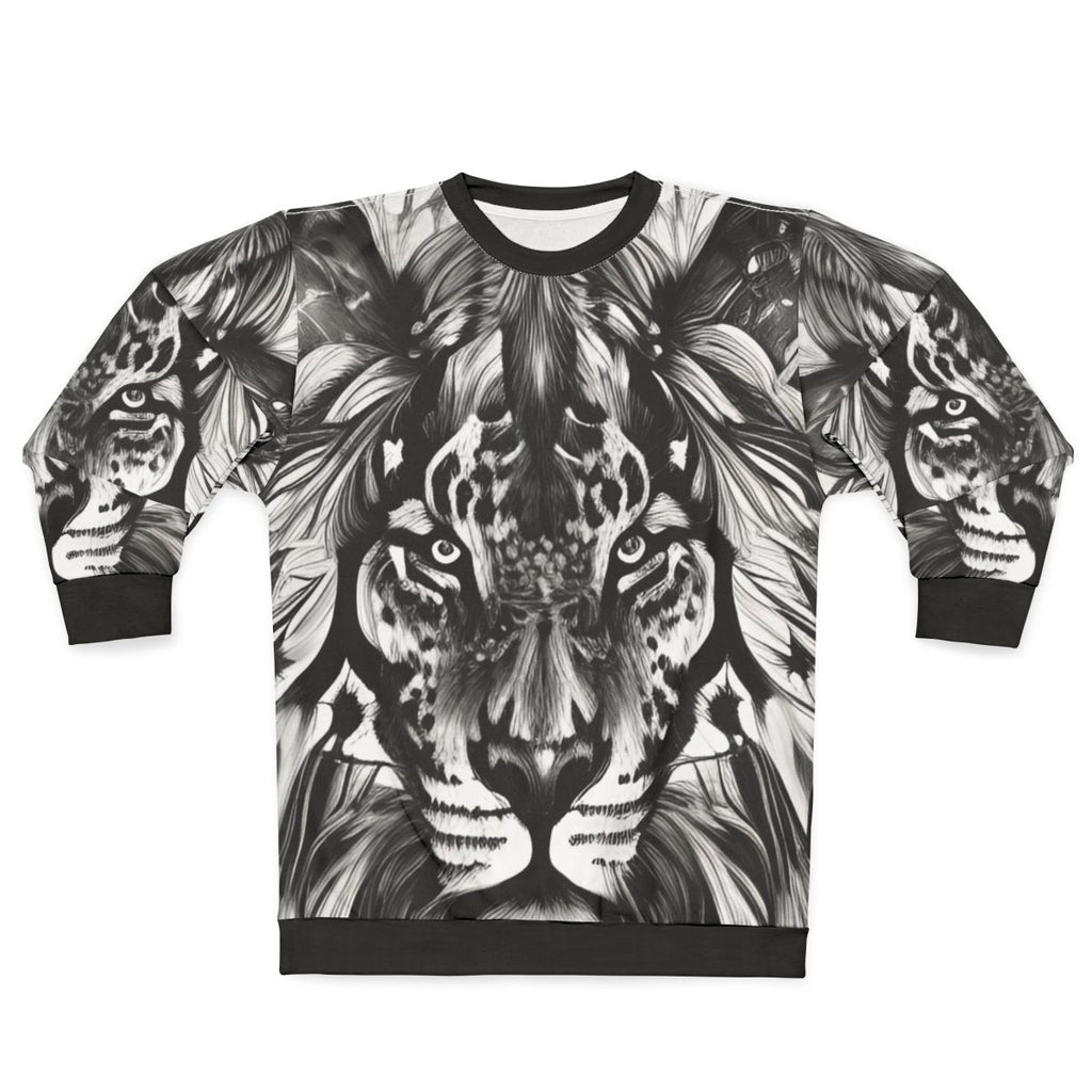 Vibrant lion portrait sweatshirt with colorful abstract animal art design