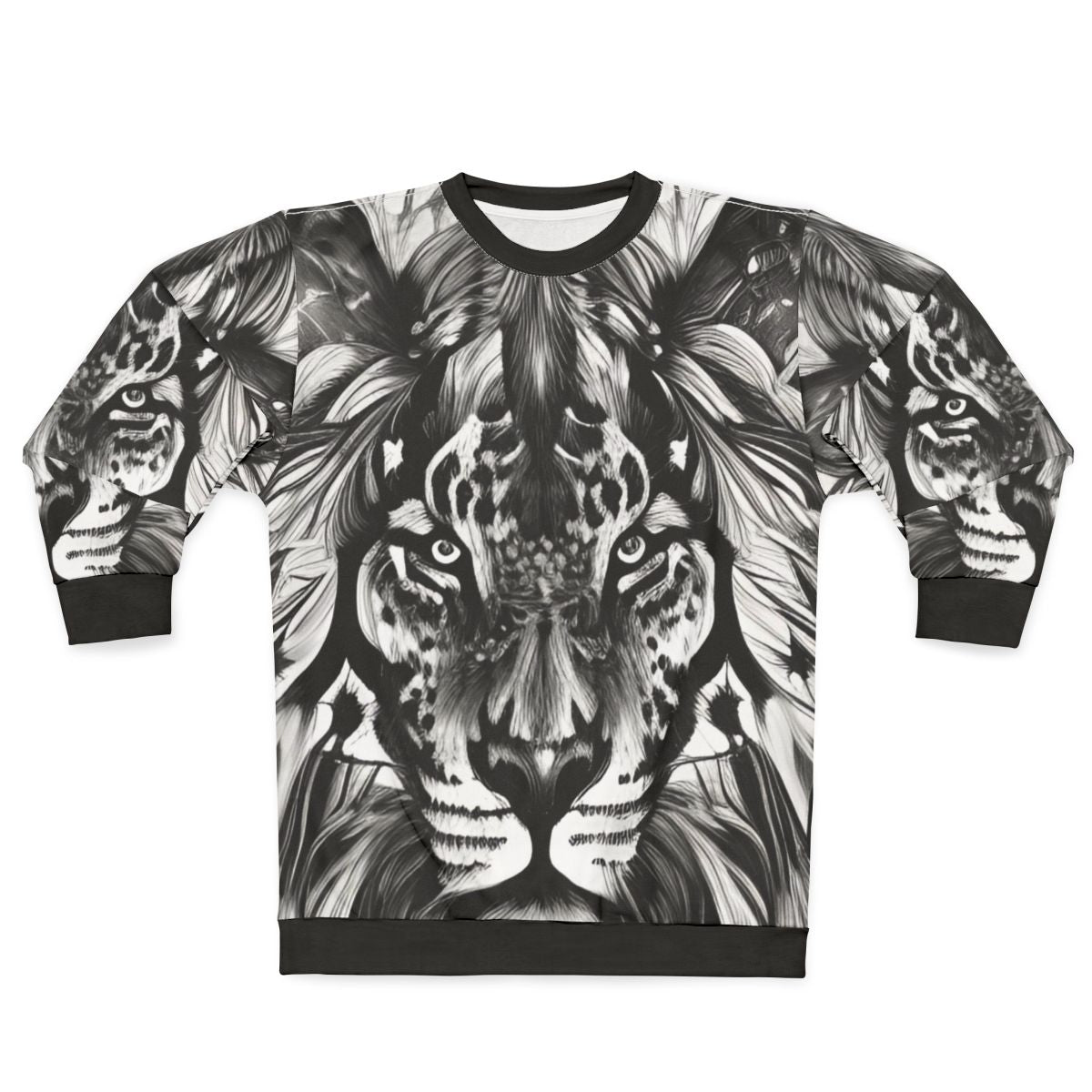 Vibrant lion portrait sweatshirt with colorful abstract animal art design