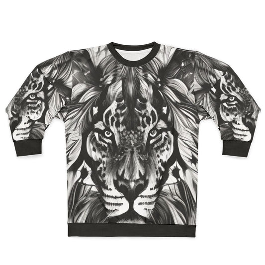 Vibrant lion portrait sweatshirt with colorful abstract animal art design