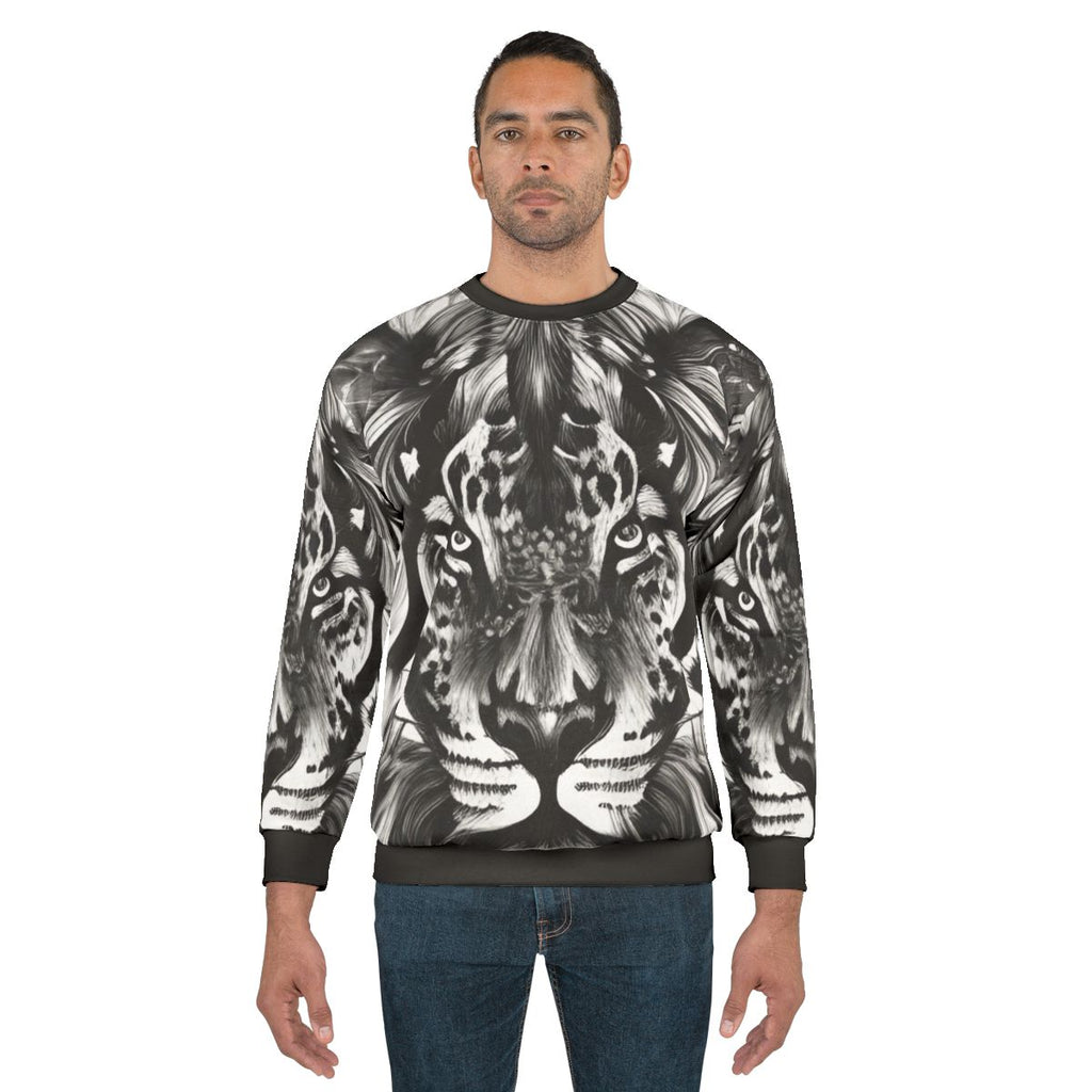 Vibrant lion portrait sweatshirt with colorful abstract animal art design