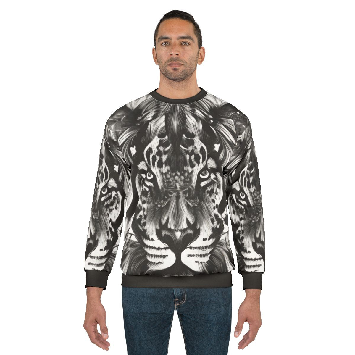 Vibrant lion portrait sweatshirt with colorful abstract animal art design
