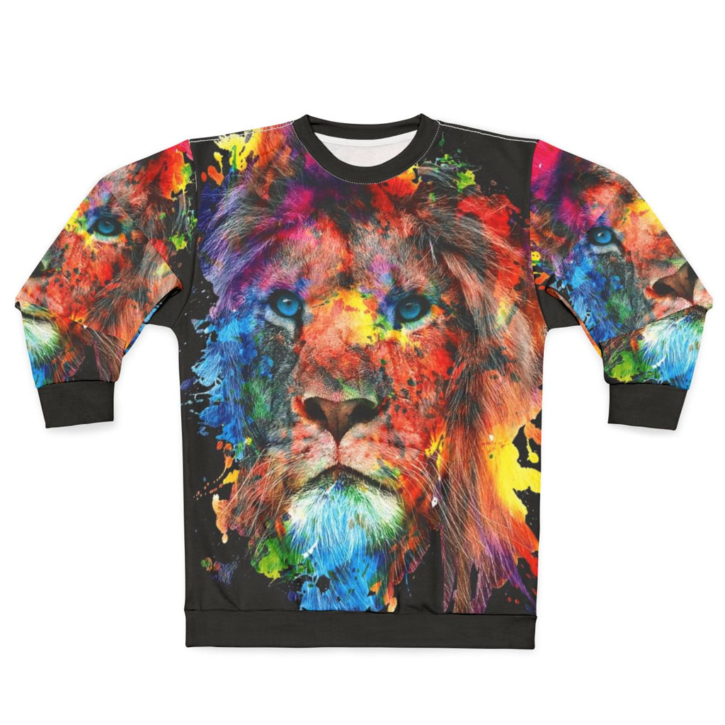 Colorful watercolor illustration of a lion on a sweatshirt