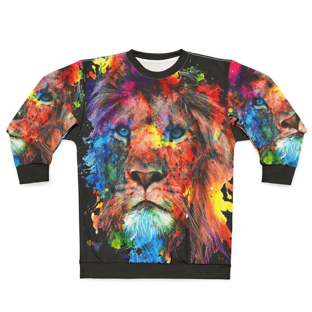 Colorful watercolor illustration of a lion on a sweatshirt
