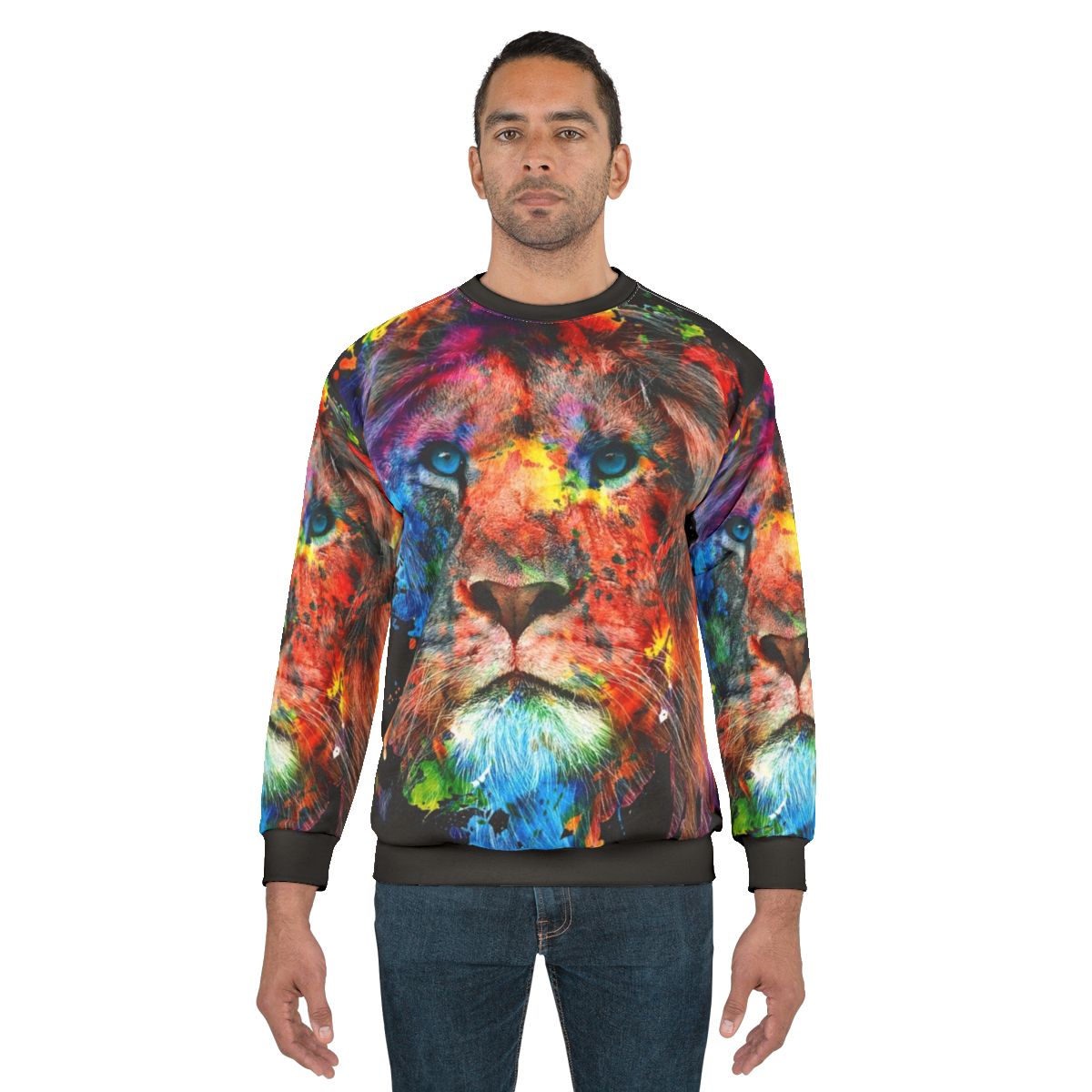 Colorful watercolor illustration of a lion on a sweatshirt
