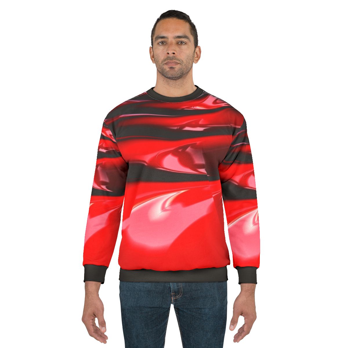 Vibrant red latex sweatshirt with a slippery, wet look
