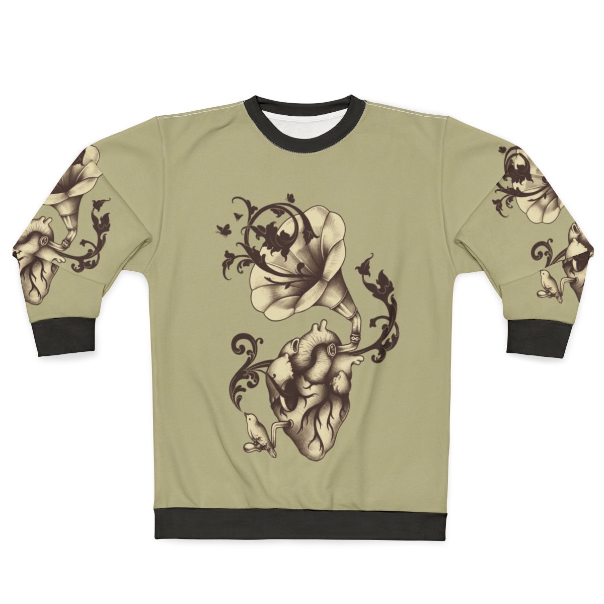 Surreal 'Listen to Your Heart' Sweatshirt featuring heart anatomy, gramophone, bird, and butterfly