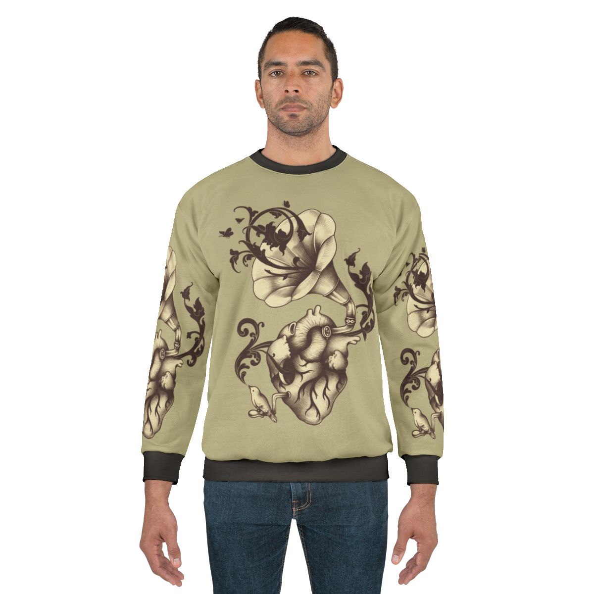 Surreal 'Listen to Your Heart' Sweatshirt featuring heart anatomy, gramophone, bird, and butterfly