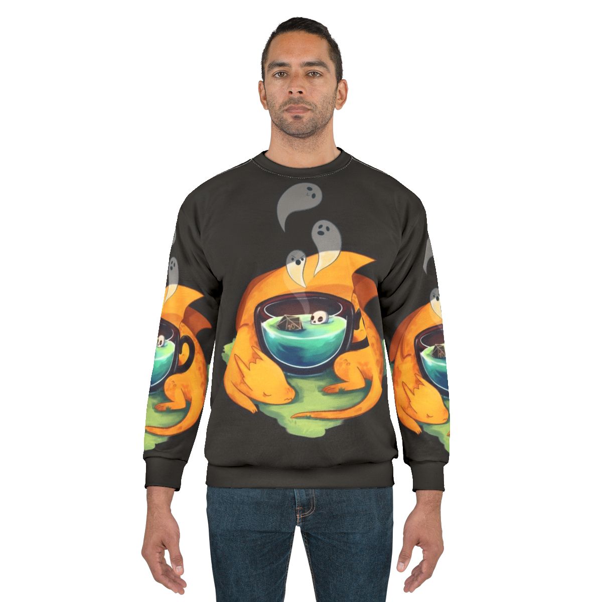Spooky pumpkin dragon design on a cozy sweatshirt