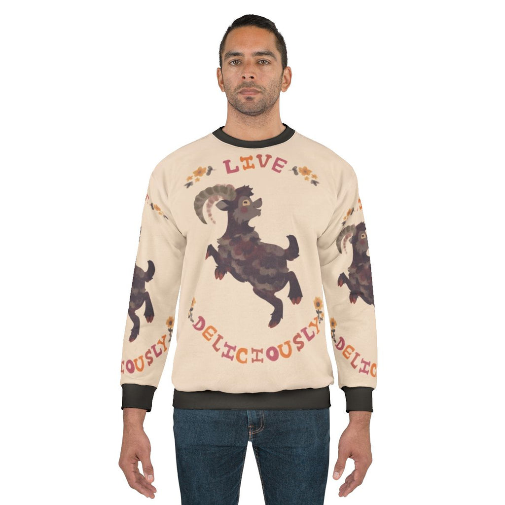 Live Deliciously Sweatshirt with Witch, Horror, and Halloween Imagery