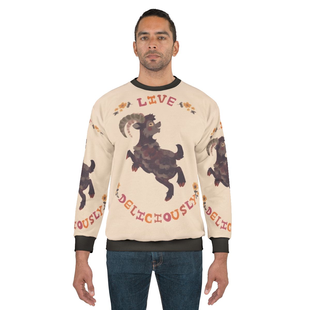 Live Deliciously Sweatshirt with Witch, Horror, and Halloween Imagery