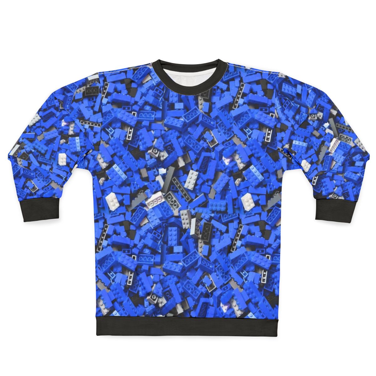 Blue sweatshirt with a vibrant, repeating brick pattern design