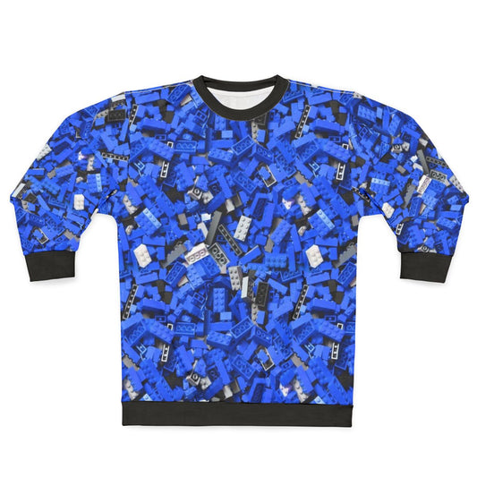 Blue sweatshirt with a vibrant, repeating brick pattern design