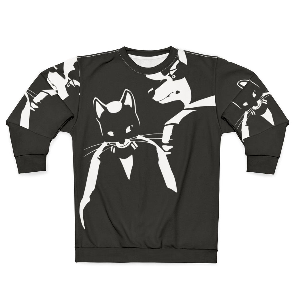 Lone Digger Electro Swing Sweatshirt featuring monochrome cat, dog, and robot graphics