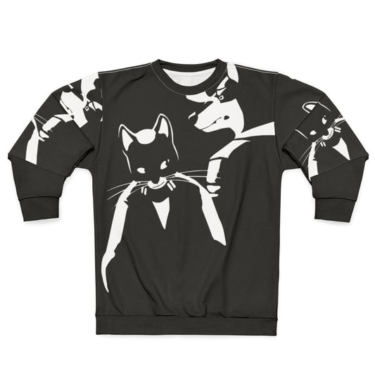Lone Digger Electro Swing Sweatshirt featuring monochrome cat, dog, and robot graphics