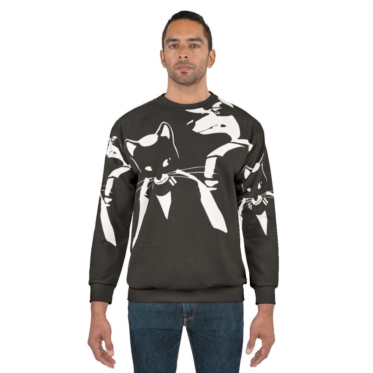 Lone Digger Electro Swing Sweatshirt featuring monochrome cat, dog, and robot graphics