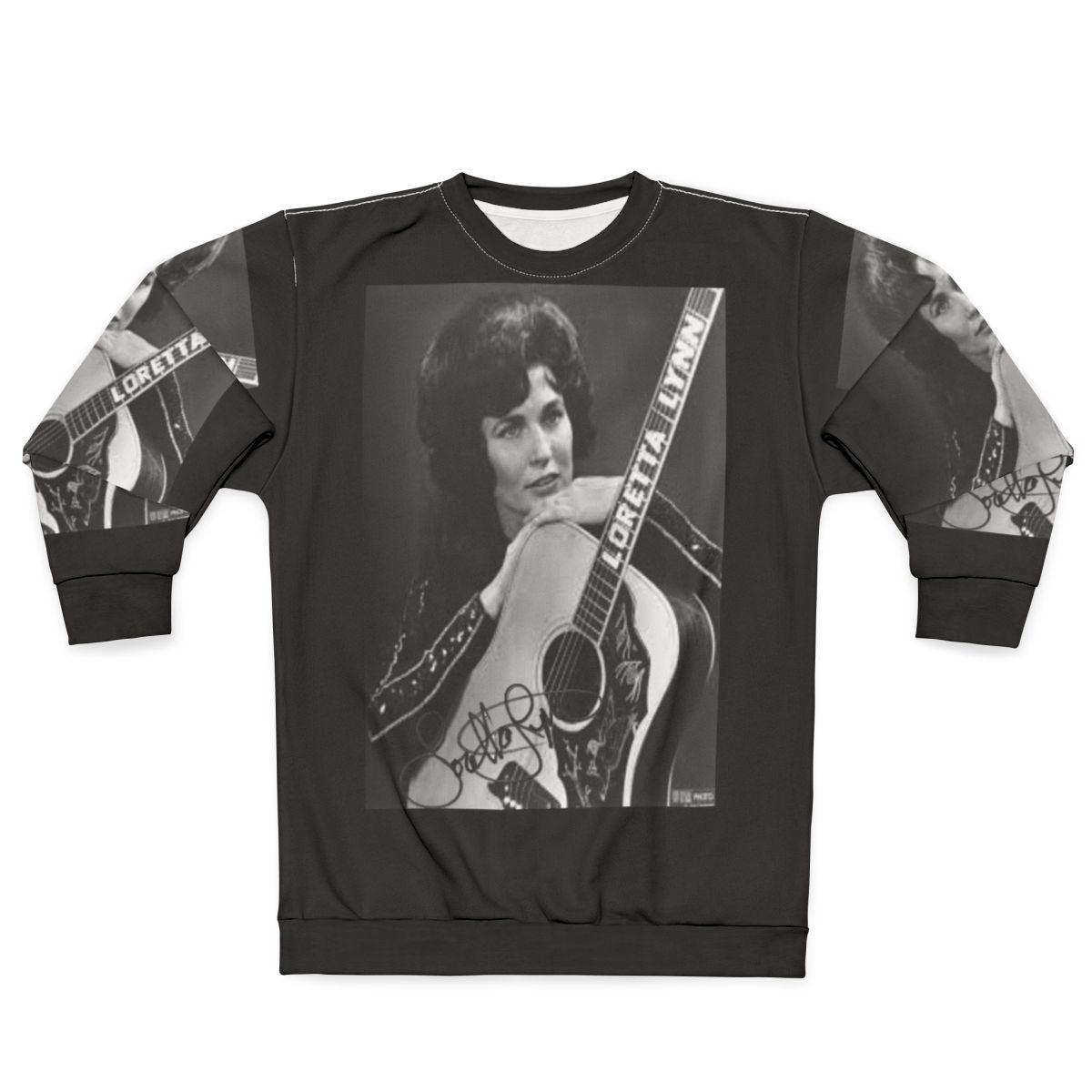 Loretta Lynn wearing a vintage-style sweatshirt with her country music photos
