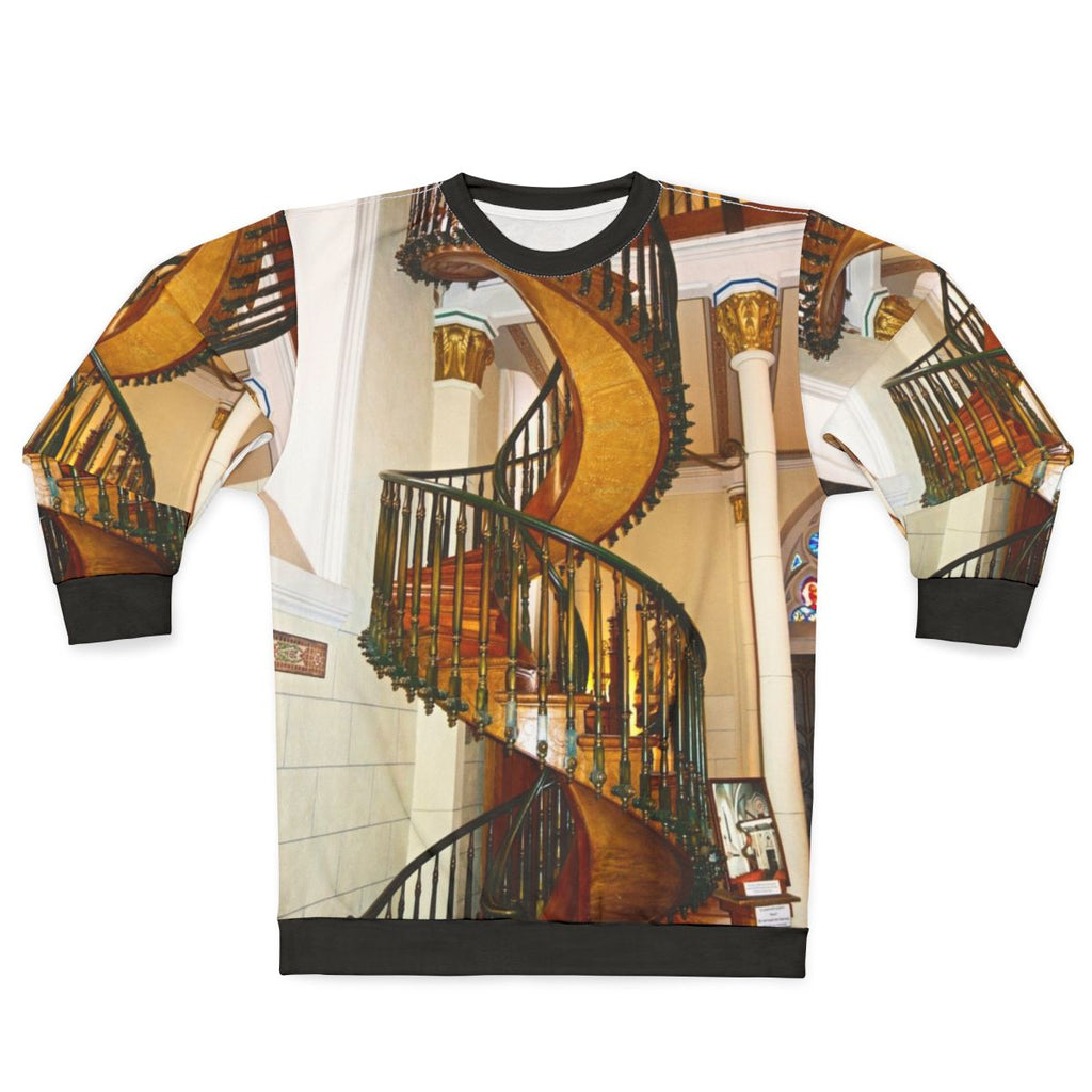 Loretto Chapel Staircase Sweatshirt featuring the iconic wooden spiral staircase in Santa Fe, New Mexico
