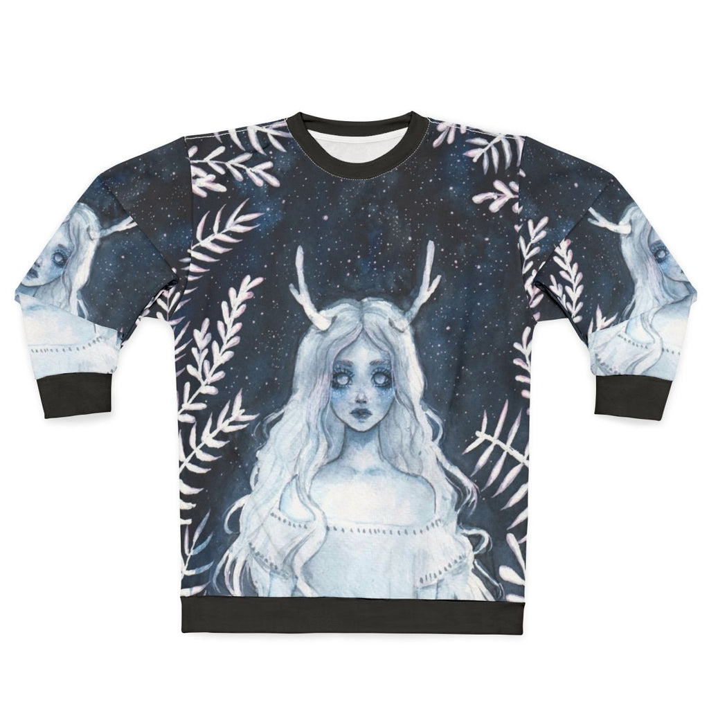 Celestial watercolor 'lost spirit' sweatshirt with fawn, deer, and starry night design