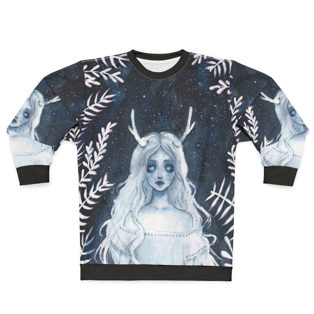 Celestial watercolor 'lost spirit' sweatshirt with fawn, deer, and starry night design