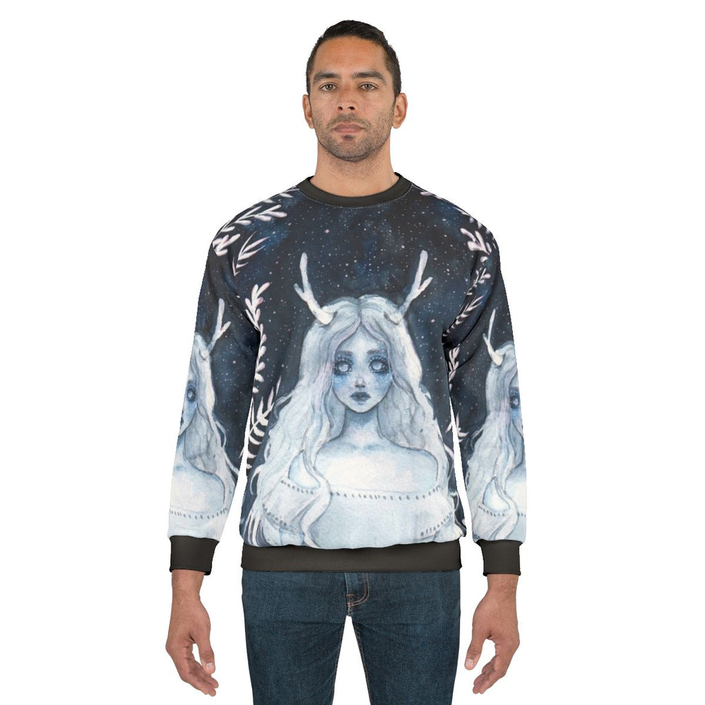 Celestial watercolor 'lost spirit' sweatshirt with fawn, deer, and starry night design