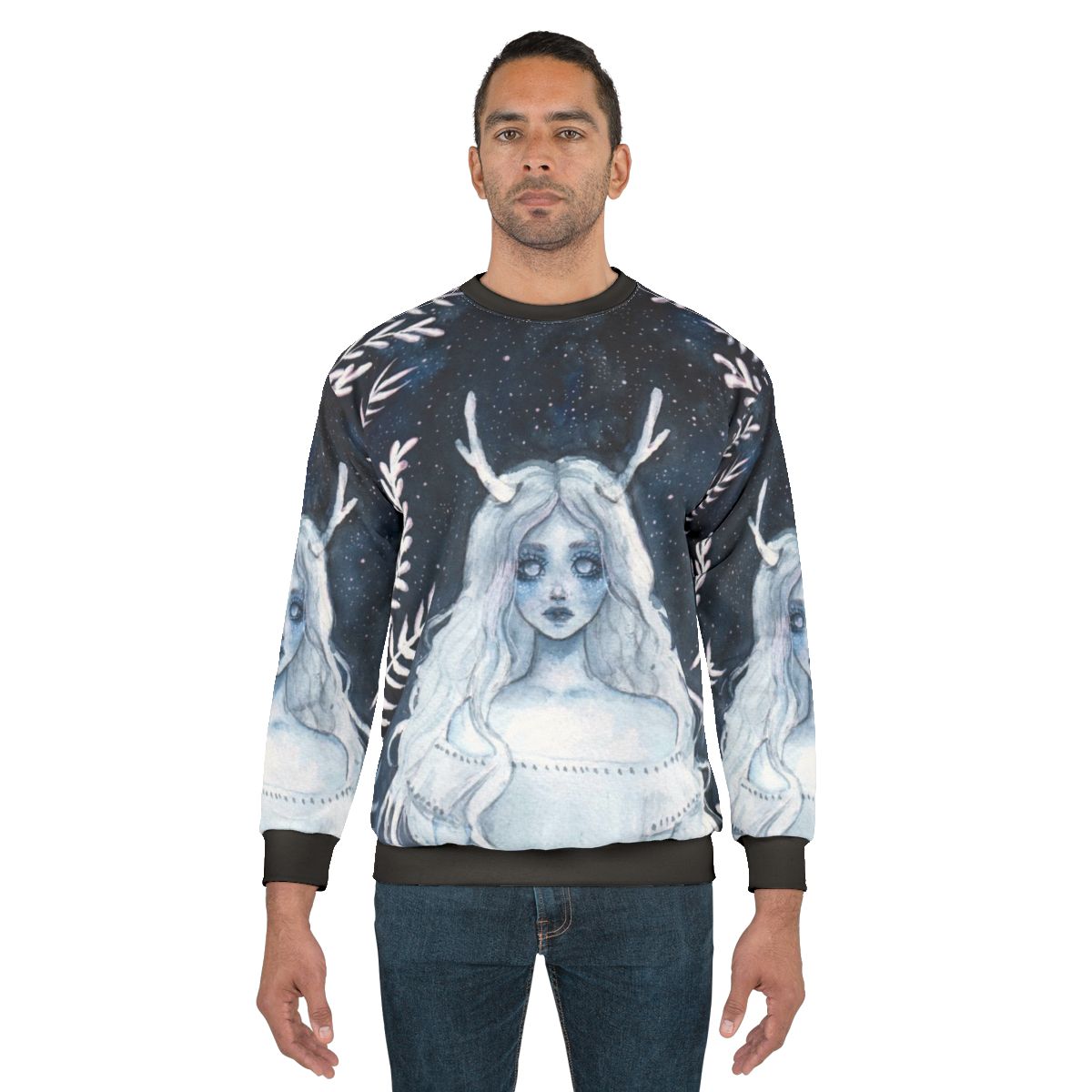Celestial watercolor 'lost spirit' sweatshirt with fawn, deer, and starry night design