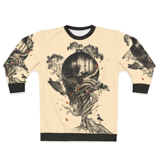 Lost Translation Nature Inspired Sweatshirt featuring a surreal forest landscape with a skull, deer, and birds