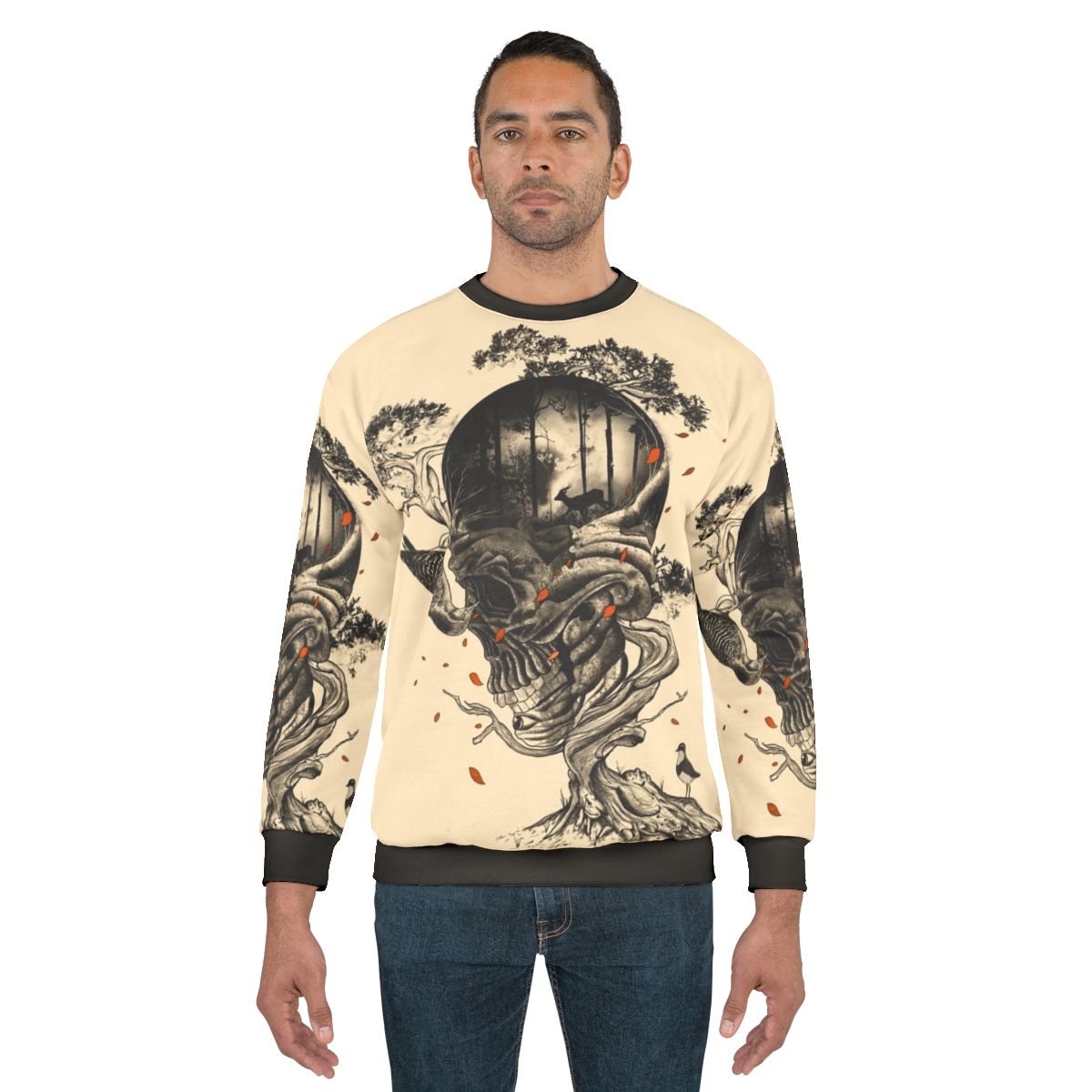 Lost Translation Nature Inspired Sweatshirt featuring a surreal forest landscape with a skull, deer, and birds