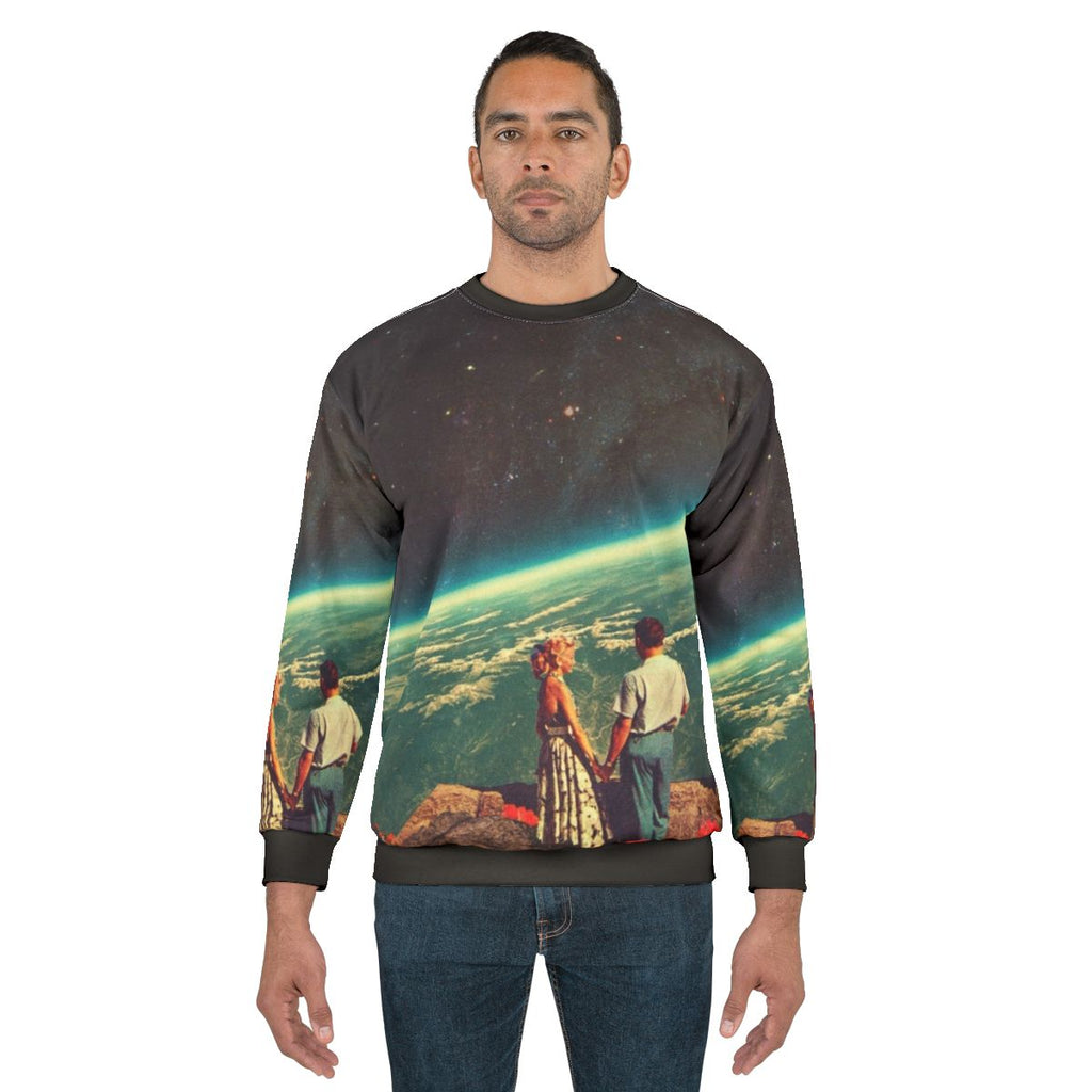 Retro space couple love sweatshirt design with digital collage