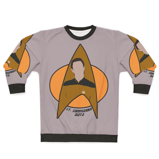 Lt Commander Data from Star Trek in a sweatshirt