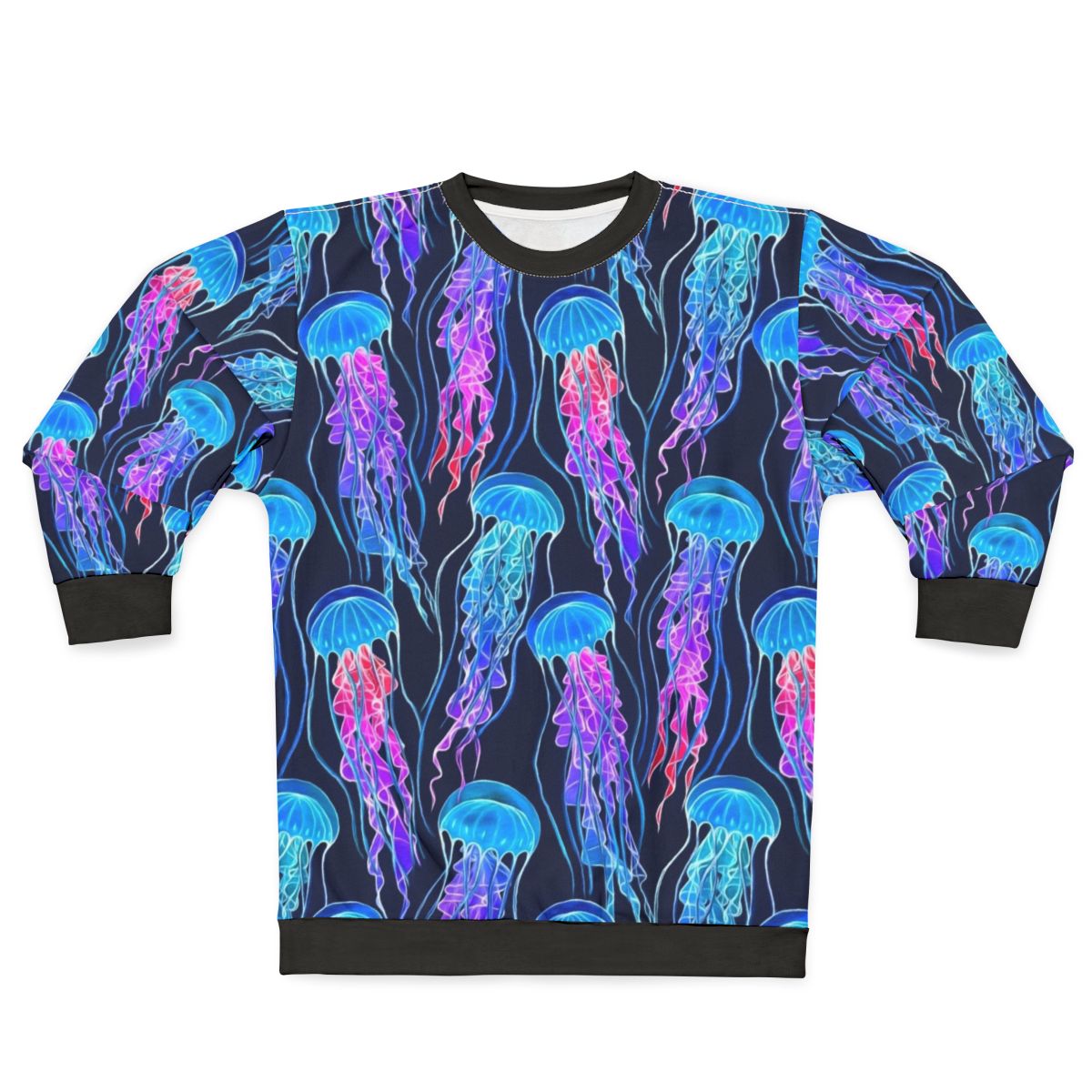 Luminescent rainbow jellyfish design on navy blue sweatshirt
