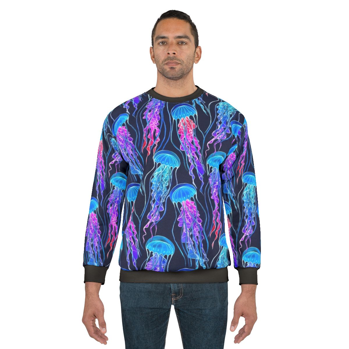 Luminescent rainbow jellyfish design on navy blue sweatshirt