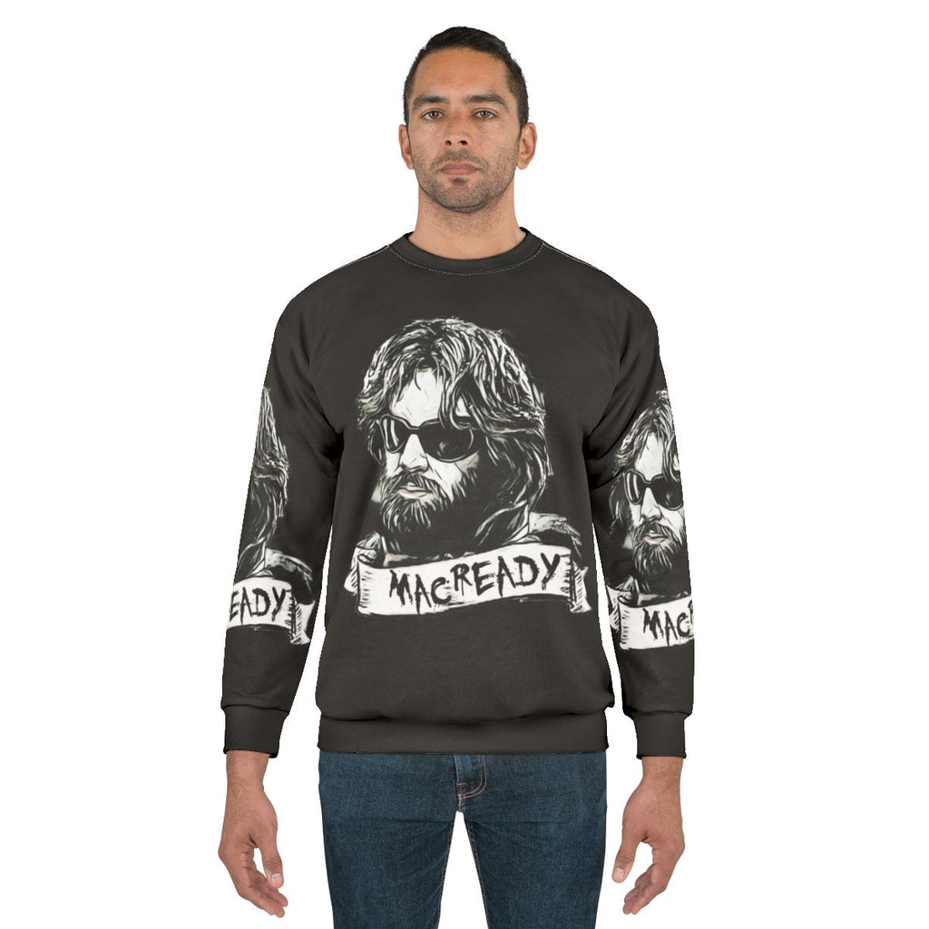 "The Thing Macready Sweatshirt featuring John Carpenter's 80s horror classic"
