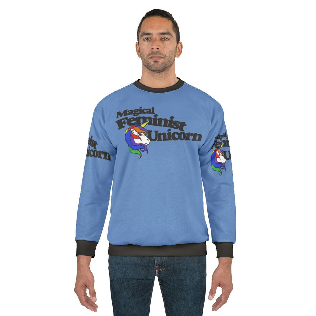 Magical feminist unicorn sweatshirt with rainbow and retro design