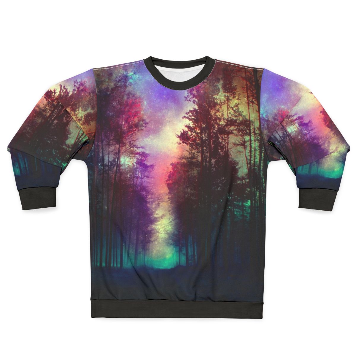 Magical forest sweatshirt featuring a scenic landscape design