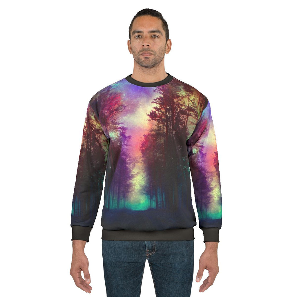 Magical forest sweatshirt featuring a scenic landscape design