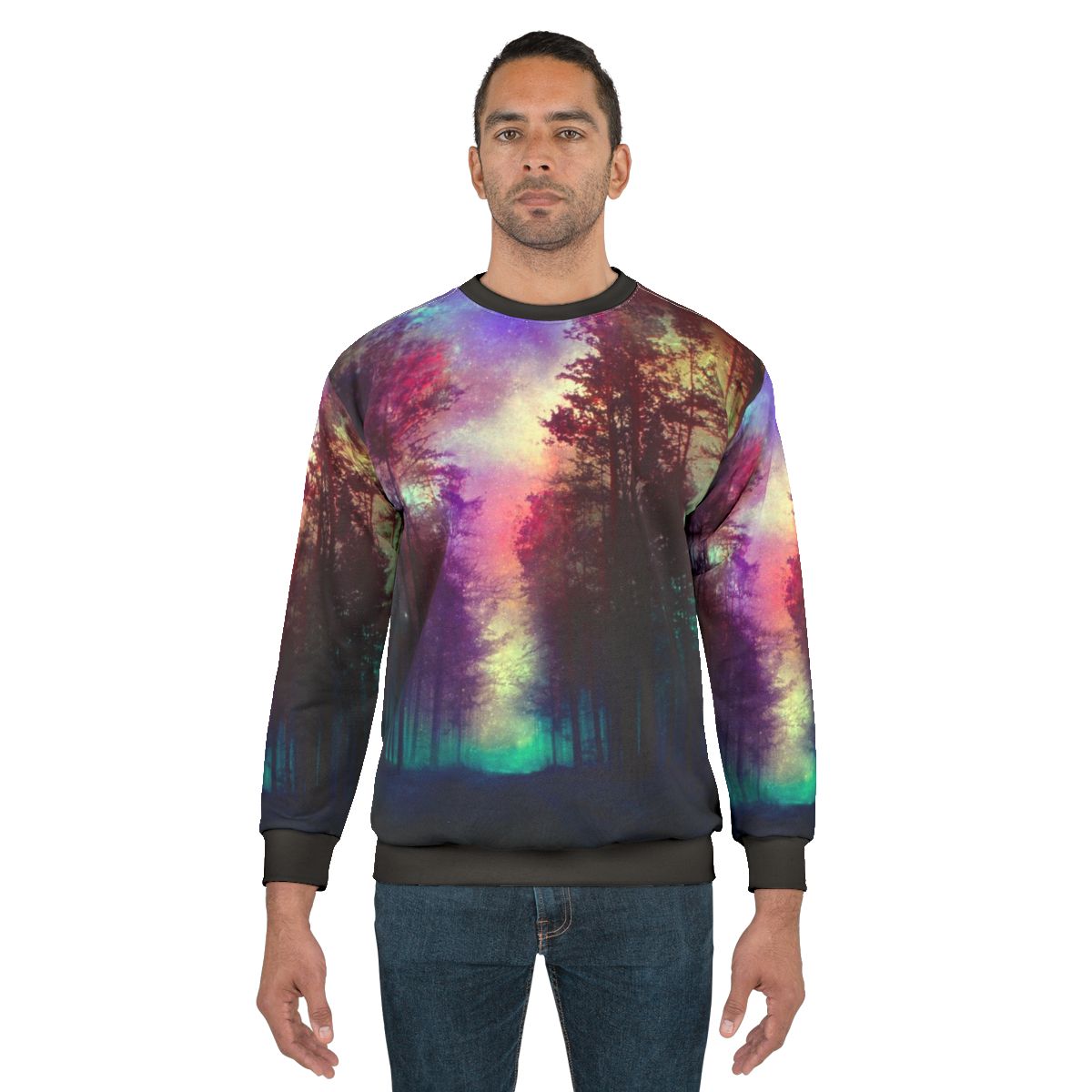 Magical forest sweatshirt featuring a scenic landscape design