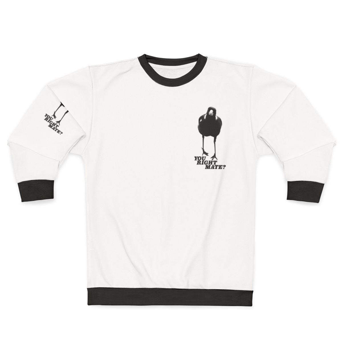 Magpie sweatshirt with birds, feathers, and black and white design