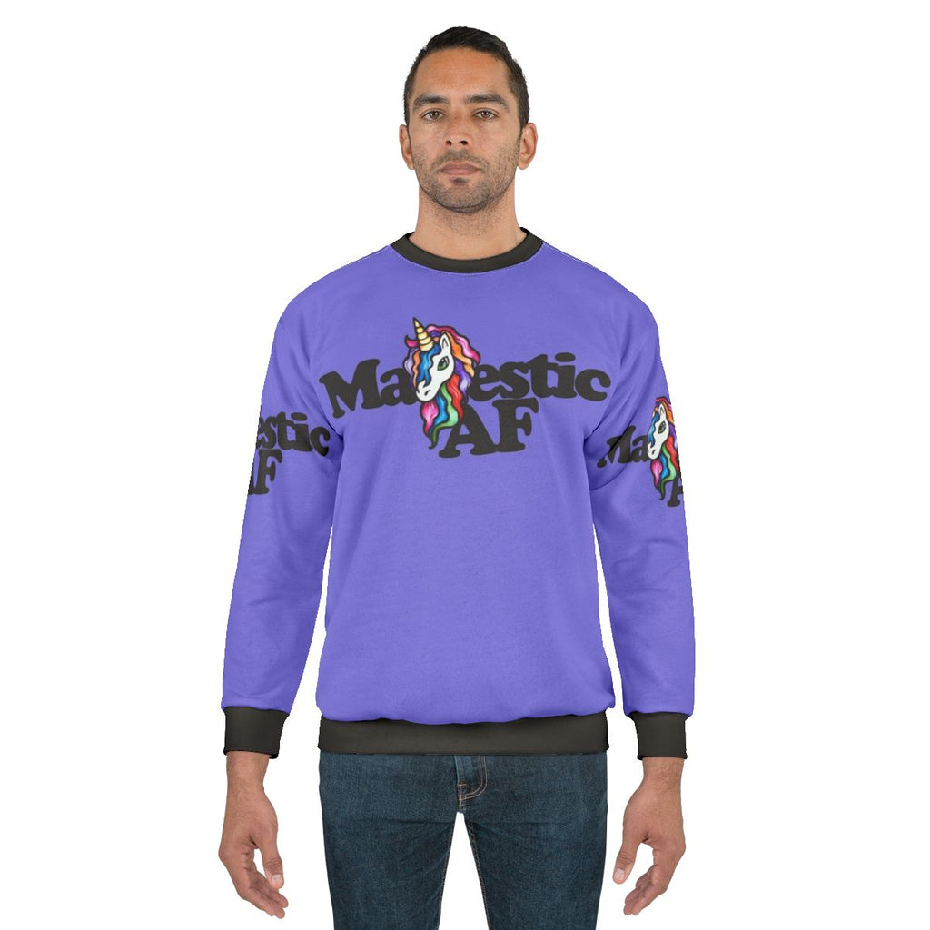 Majestic AF Sweatshirt featuring a unicorn and rainbow design